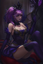 Rule 34 | 1girl, alternate hair color, alternate hairstyle, bare shoulders, breasts, cleavage, crown, dark elementalist lux, dark persona, elbow gloves, elementalist lux, gloves, highres, hou akira, league of legends, lipstick, looking at viewer, lux (league of legends), makeup, parted lips, purple eyes, purple hair, purple lips, side ponytail, sitting, solo, staff, thighhighs