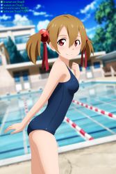 Rule 34 | 1girl, bag, bare arms, blue one-piece swimsuit, blue sky, blurry, blurry background, blush, breasts, brown hair, closed mouth, cloud, cowboy shot, day, female focus, from side, hair between eyes, hair ribbon, highres, leaning forward, long hair, looking at viewer, one-piece swimsuit, outdoors, pool, red eyes, red ribbon, ribbon, school swimsuit, shugo19, signature, silica, sky, small breasts, smile, solo, standing, swimsuit, sword art online, thighs, twintails
