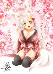 Rule 34 | 1girl, animal ear fluff, animal ears, arm behind leg, arm support, black thighhighs, blush, breasts, cleavage, collarbone, eyebrows, eyes visible through hair, fang, floral background, floral print, flower, fox ears, fox tail, hair flower, hair ornament, heart, japanese clothes, kohaku (yua), large breasts, long hair, looking at viewer, miko, new year, no bra, no panties, obi, open mouth, original, pelvic curtain, playing with own hair, sash, signature, sitting, slit pupils, smile, solo, tail, thick eyebrows, thighhighs, wariza, white hair, yellow eyes, yua (checkmate)
