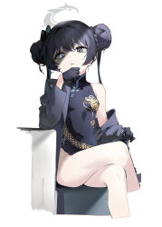 Rule 34 | 1girl, absurdres, black dress, black gloves, black hair, blue archive, braid, braided bun, breasts, butterfly hair ornament, china dress, chinese clothes, coat, crossed legs, double bun, dragon print, dress, elbow rest, gloves, grey coat, grey eyes, hair bun, hair ornament, halo, highres, kisaki (blue archive), long hair, looking at viewer, mark jin, no panties, off shoulder, open clothes, open coat, pinstripe pattern, print dress, shaded face, short dress, side slit, single bare shoulder, sitting, sleeveless, sleeveless dress, small breasts, solo, striped, striped coat, twintails, vertical-striped coat