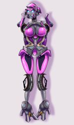 Rule 34 | 1girl, absurdres, arcee, blue eyes, blue tongue, breasts, colored skin, colored tongue, grey skin, highres, humanoid robot, medium breasts, panties, rainbowpaw2015, robot, simple background, solo, transformers, transformers (live action), underwear, white background