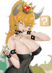 Rule 34 | 1girl, armlet, bamuth, bare shoulders, black dress, black nails, blonde hair, blue eyes, bowsette, bracelet, breasts, cleavage, collar, commentary request, crown, dress, earrings, hair between eyes, highres, horns, jewelry, large breasts, magic trick, mario (series), marker (medium), nail polish, new super mario bros. u deluxe, nintendo, pointy ears, ponytail, sharp teeth, sidelocks, solo, spiked bracelet, spiked collar, spiked shell, spiked tail, spikes, strapless, strapless dress, super crown, tail, teeth, traditional media, turtle shell, white background