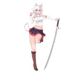 Rule 34 | 1girl, animal ears, boots, breasts, bridal gauntlets, ehrrr, elbow gloves, full body, gloves, high heel boots, high heels, highres, holding, holding sword, holding weapon, inubashiri momiji, katana, knee boots, large breasts, looking at viewer, microskirt, navel, ootachi, red eyes, short hair, skirt, smile, solo, sword, tail, thighs, touhou, transparent background, weapon, white background, white hair, wolf ears, wolf tail