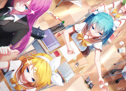 Rule 34 | + +, 5girls, ahoge, arm up, arms behind back, black footwear, black jacket, black legwear, blonde hair, blue eyes, blue hair, blush, book, bow, bowtie, brown sailor collar, brown skirt, chair, checkered floor, classroom, closed mouth, club, club (weapon), dart, desk, dutch angle, eraser, flying sweatdrops, from above, glint, green hair, green neckwear, gumi, hair between eyes, hair bow, hair ornament, hair ribbon, hairband, hairclip, hatsune miku, highres, holding, indoors, jacket, kagamine rin, kanabou, long hair, looking at viewer, looking away, looking to the side, megurine luka, motion lines, multiple girls, neckerchief, necktie, outstretched arm, pantyhose, paper, paper airplane, pen, pencil case, pencil sharpener, pink hair, pleated skirt, propeller, qys3, revision, ribbon, rubik&#039;s cube, ruler, sailor collar, school chair, school desk, school uniform, serafuku, shaded face, shirt, shoes, short hair, short sleeves, signature, skirt, smile, smug, spiked club, star (symbol), straight hair, suction-cup dart, swept bangs, teacher, thumbs up, toy car, v-shaped eyebrows, very long hair, vocaloid, weapon, white hairband, white ribbon, white shirt, x hair ornament, yellow bow