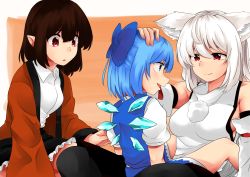 Rule 34 | 3girls, absurdres, animal ears, bad id, bad pixiv id, bare shoulders, black hair, black legwear, black skirt, blue dress, blue eyes, blue hair, blue ribbon, bow, breasts, cirno, detached sleeves, dress, dress shirt, fairy wings, hair bow, hand on another&#039;s head, highres, huge filesize, ice, ice wings, inubashiri momiji, large breasts, looking at another, medium breasts, multiple girls, pointy ears, pom pom (clothes), red eyes, ribbon, ribbon-trimmed sleeves, ribbon trim, shameimaru aya, shirokaba114, shirt, short hair, silver hair, skirt, sleeveless, sleeveless shirt, tail, touhou, turtleneck, white shirt, wings, wolf ears, wolf tail