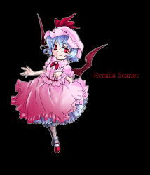 Rule 34 | 1girl, blue hair, dress, female focus, fifty, full body, hat, pink hat, red eyes, remilia scarlet, short hair, simple background, solo, touhou, wings