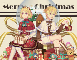 Rule 34 | 1boy, 1girl, arm support, blonde hair, blue eyes, bow, bowtie, box, breasts, brother and sister, brown footwear, brown neckwear, brown shirt, brown socks, buttons, candy, candy cane, capelet, character doll, christmas, closed mouth, collared capelet, commentary, crossed legs, dress, echo (a19986536), english commentary, feet out of frame, food, frilled sleeves, frills, fur-trimmed capelet, fur trim, gift, gift box, green neckwear, gumi, hair between eyes, hand up, hatsune miku, high-waist shorts, holding, holding gift, kagamine len, kagamine rin, kaito (vocaloid), kamui gakupo, kneehighs, knees together feet apart, lace, lace-trimmed dress, lace trim, large ribbon, legwear garter, light smile, lips, long sleeves, looking at viewer, meiko (vocaloid), merry christmas, on box, oversized object, parted bangs, print dress, red capelet, red dress, ribbon, ribbon-trimmed capelet, shirt, shoes, short dress, short hair, short shorts, shorts, siblings, sitting, sitting on object, small breasts, snow globe, socks, striped bow, striped bowtie, striped clothes, striped neckwear, striped ribbon, striped socks, stuffed animal, stuffed toy, teddy bear, twins, vertical-striped clothes, vertical-striped socks, vocaloid, white capelet, white shorts, wing collar, yellow ribbon