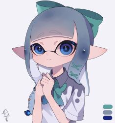 Rule 34 | 1girl, blue eyes, blue pupils, bow, closed mouth, color guide, commentary, diamond-shaped pupils, diamond (shape), eyebrow cut, green bow, grey hair, hair bow, highres, inkling, inkling girl, inkling player character, long hair, nintendo, own hands together, pointy ears, signature, simple background, smile, solo, splatoon (series), squid ikaaa, symbol-only commentary, symbol-shaped pupils, tentacle hair, upper body, white background