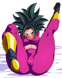 Rule 34 | 1girl, ass, bed, big hair, black eyes, black hair, blush, boots, breasts, cameltoe, censored, cleft of venus, closed mouth, dragon ball, dragon ball super, earrings, female focus, from below, groin, heart, heart censor, jewelry, kefla (dragon ball), legs, legs up, looking at viewer, medium breasts, midriff, navel, on bed, pussy, rom (20), simple background, smile, solo, spiked hair, thighs, white background