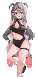 1girl alternate_costume appleseed_(appleseed_art) black_bow black_choker black_hair black_one-piece_swimsuit blush bow breasts choker cleavage fang grey_hair hair_bow hair_ornament hairpin highres hololive jacket large_breasts long_hair multicolored_hair one-piece_swimsuit pink_jacket red_eyes sakamata_chloe socks streaked_hair swimsuit thigh_strap two_side_up virtual_youtuber white_socks