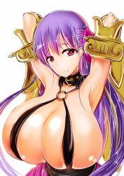 Rule 34 | 10s, 1girl, arm behind head, armpits, bare shoulders, breasts, collar, fate/extra, fate/extra ccc, fate (series), female focus, fujikusa, gauntlets, hair ornament, hair ribbon, highres, huge breasts, long hair, looking at viewer, o-ring, passionlip (fate), purple eyes, purple hair, red eyes, ribbon, simple background, solo, upper body, weapon, white background
