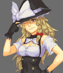 Rule 34 | 1girl, blonde hair, bow, braid, breasts, cleavage, female focus, fingerless gloves, gloves, grey background, hair bow, hand on headwear, hand on own hip, hat, hat bow, hip focus, kirisame marisa, long hair, medium breasts, one eye closed, simple background, smile, solo, touhou, upper body, wink, witch, witch hat, yellow eyes, yuuji (and)