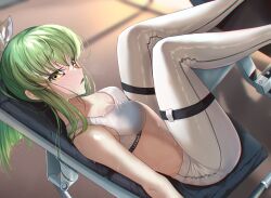 Rule 34 | 1girl, absurdres, alternate costume, alternate hairstyle, bare shoulders, blurry, blurry background, blush, bra, breasts, budgiepon, c.c., cleavage, code geass, collarbone, commentary request, curvy, dutch angle, exhausted, eyelashes, feet out of frame, from side, furrowed brow, green hair, gym, hair between eyes, hair over shoulder, hair ribbon, highres, indoors, knees together feet apart, knees up, leg press machine, long hair, looking at viewer, medium breasts, open mouth, pants, ponytail, profile, ribbon, shiny clothes, sidelocks, sitting, solo, sports bra, sportswear, straight hair, sweat, thigh strap, underwear, wet, wet clothes, white bra, white pants, white ribbon, yellow eyes