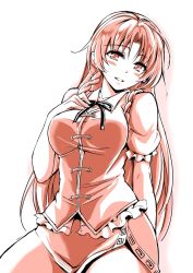 Rule 34 | 1girl, arm support, asou shin, blush, braid, chinese clothes, eyebrows, hair ribbon, hand on own chest, hong meiling, long hair, looking at viewer, monochrome, parted lips, puffy short sleeves, puffy sleeves, ribbon, short sleeves, side slit, sitting, solo, touhou, tress ribbon, twin braids