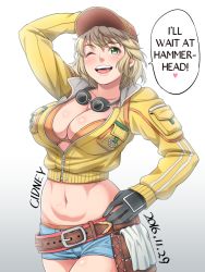 Rule 34 | 10s, 1girl, 2016, ;d, belt, black gloves, blonde hair, breasts, character name, cidney aurum, cleavage, dated, final fantasy, final fantasy xv, gloves, goggles, goggles around neck, gradient background, green eyes, grey background, hand on own hip, hard-translated, hat, large breasts, looking at viewer, md5 mismatch, midriff, navel, one eye closed, open mouth, short hair, shorts, smile, solo, speech bubble, third-party edit, translated, utility belt, white background, yoohi