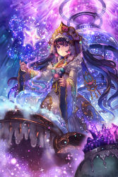 Rule 34 | cauldron, crystal, earrings, hat, hat ornament, highres, inishie no megami to houseki no ite, jewelry, long hair, magic circle, neck ring, necklace, official art, orb, purple eyes, purple hair, purple theme, solo, standing, star (symbol), terai (teraimorimori), wide sleeves