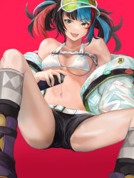 Rule 34 | 1girl, absurdres, bad id, bad pixiv id, bare shoulders, bikini, black hair, black shorts, blue hair, blush, breasts, cleavage, fate/grand order, fate (series), green hat, hat, headphones, headphones around neck, highres, jacket, large breasts, long hair, long sleeves, looking at viewer, multicolored hair, navel, nibiiro (deep 4242), off shoulder, open clothes, open jacket, open mouth, red background, red hair, sei shounagon (fate), sei shounagon (swimsuit berserker) (fate), short shorts, shorts, sidelocks, smile, solo, swimsuit, thighs, twintails, visor cap, white bikini, white jacket, yellow eyes