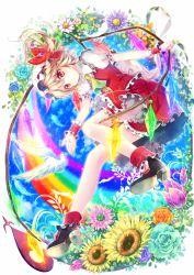 Rule 34 | 1girl, bird, blonde hair, bow, flandre scarlet, flower, hat, hat bow, pigeon, rainbow, red eyes, riichu, rose, sash, side ponytail, solo, sunflower, touhou, wings