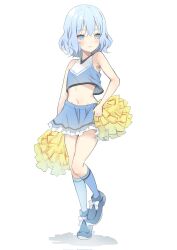 Rule 34 | 1boy, aisu (icicleshot), bare shoulders, blue eyes, blue footwear, blue hair, blue shirt, blue skirt, blue socks, blush, cheerleader, closed mouth, commentary, crop top, expressionless, foot up, frilled skirt, frills, full body, highres, kneehighs, looking afar, looking ahead, male focus, midriff, miniskirt, navel, original, pom pom (cheerleading), shirt, shoes, short hair, simple background, skirt, sleeveless, sleeveless shirt, socks, solo, standing, standing on one leg, trap, white background