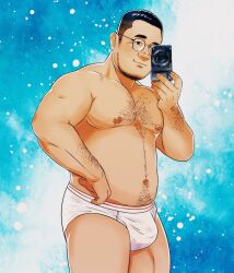 Rule 34 | 1boy, arm hair, bara, beard stubble, belly, briefs, bulge, chest hair, daisukebear, facial hair, feet out of frame, glasses, highres, holding, holding phone, large pectorals, looking at viewer, male focus, male underwear, mature male, muscular, muscular male, navel, navel hair, nipples, original, pectorals, phone, receding hairline, round eyewear, see-through, selfie, short hair, sideburns, smile, solo, standing, stomach, stubble, taking picture, thick thighs, thighs, topless male, underwear, wet, wet clothes, wet male underwear, white male underwear