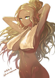 Rule 34 | 1girl, adjusting hair, armpits, arms up, artist name, breasts, brown hair, closed mouth, convenient censoring, dark skin, dark-skinned female, female focus, green eyes, gyaru, highres, large breasts, long hair, looking at viewer, navel, nude, original, out-of-frame censoring, simple background, smile, solo, standing, towel, towel over breasts, uenoryoma, wet, white background