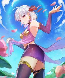 Rule 34 | 1girl, ahoge, ass, bare shoulders, blue sky, breasts, cloud, earrings, elbow gloves, fate/grand order, fate (series), fingerless gloves, flower, gloves, hair ribbon, jewelry, kama (fate), kama (first ascension) (fate), leaf, looking at viewer, looking back, lotus, nima (niru54), petals, purple thighhighs, red eyes, ribbon, scarf, short hair, sky, sleeveless, solo, thighhighs, white hair