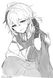 Rule 34 | 1boy, absurdres, azna, fingerless gloves, genshin impact, gloves, greyscale, hair between eyes, hand in own hair, highres, japanese clothes, kaedehara kazuha, looking at viewer, male focus, monochrome, multicolored hair, parted lips, simple background, sketch, solo, streaked hair, twitter username