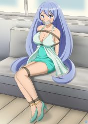 Rule 34 | 1girl, absurdres, anklet, arms behind back, bdsm, blue eyes, blue hair, blush, boku no hero academia, bondage, bound, breasts, cleavage, dress, gag, gagged, hadou nejire, high heels, highres, improvised gag, jewelry, large breasts, long hair, shoes, sitting, solo, tape, tape gag, vakaosciosa, very long hair