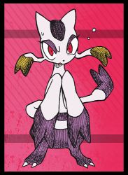 Rule 34 | 1girl, animal ears, animal feet, animal nose, black border, body fur, border, claws, constricted pupils, creatures (company), female focus, full body, furry, furry female, game freak, gen 5 pokemon, gradient background, hands up, looking at viewer, lowres, mienshao, minashirazu, nervous, nintendo, open mouth, own hands together, pokemon, pokemon (creature), purple fur, red background, red eyes, simple background, solo, standing, sweat, tail, whiskers, wide-eyed