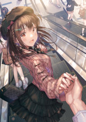 Rule 34 | 1boy, 1girl, :d, arm up, bag, beret, black bow, black headwear, bow, braid, breasts, brown eyes, brown hair, earrings, escalator, hair ornament, holding hands, handbag, hat, highres, hirokazu (analysis-depth), jewelry, light particles, long sleeves, looking at viewer, looking back, medium breasts, medium hair, nail polish, open mouth, original, outstretched arm, pink nails, pink shirt, plaid, shirt, sleeves past wrists, smile, solo focus, x hair ornament