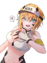 Rule 34 | 1girl, :d, armband, bandaid, bandaid on cheek, bandaid on face, bare shoulders, black choker, blonde hair, blue eyes, breasts, choker, cleavage, commentary, cowboy shot, earpiece, gloves, goddess of victory: nikke, groin, hair between eyes, hand up, heart, highres, korean commentary, looking at viewer, maxwell (nikke), medium breasts, midriff, navel, open mouth, short hair, short hair with long locks, sidelocks, simple background, smile, solo, spoken heart, sports bra, standing, suyang, teeth, two-tone gloves, upper teeth only, visor cap, white background, white sports bra