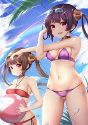 Rule 34 | 2girls, :d, absurdres, ahoge, azur lane, ball, bare arms, bare shoulders, beachball, bikini, blue sky, blush, breasts, brown hair, choker, cleavage, closed mouth, cloud, cloudy sky, collarbone, day, eyewear on head, fang, fingernails, floating hair, gluteal fold, groin, hairpods, halterneck, halterneck, highres, holding, holding ball, huge filesize, light rays, long hair, looking at viewer, medium breasts, multiple girls, nail polish, navel, ning hai (azur lane), ning hai (summer hunger) (azur lane), open mouth, outdoors, palm leaf, ping hai (azur lane), ping hai (summer vacation) (azur lane), purple bikini, purple eyes, purple hair, rainbow, red bikini, red eyes, red nails, side-tie bikini bottom, sidelocks, skindentation, sky, smile, standing, stomach, stretching, sunbeam, sunglasses, sunlight, swimsuit, taitai, thighs, twintails, water, water drop, white-framed eyewear