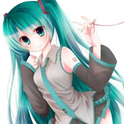 Rule 34 | 1girl, aqua eyes, aqua hair, bad id, bad pixiv id, detached sleeves, female focus, hatsune miku, long hair, necktie, saya7, simple background, skirt, smile, solo, string, string of fate, twintails, very long hair, vocaloid, white background