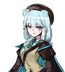 Rule 34 | 1girl, arknights, beret, blue eyes, blue hair, blue necktie, brown hat, brown jacket, brown vest, collared shirt, cyrillic, hair ornament, hand up, hat, highres, istina (arknights), jacket, light blue hair, long sleeves, looking at viewer, monocle, myanja, necktie, school uniform, shirt, solo, star (symbol), star hair ornament, translated, upper body, vest, white shirt