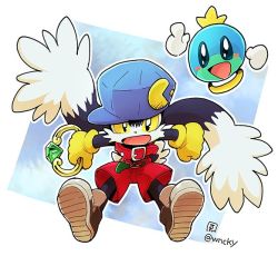 Rule 34 | 1boy, animal ears, belt, blue headwear, fang, full body, furry, furry male, gem, gloves, hat, holding, jewelry, kaze no klonoa, klonoa, looking at viewer, low twintails, male focus, open mouth, pac-man, red shorts, ring, satoe (wenocokoya), shorts, tail, twintails, yellow gloves, yellow pupils