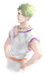 Rule 34 | 1boy, achilles (fate), alternate costume, ancient greek clothes, bad id, bad pixiv id, changye, chiton, fate/apocrypha, fate/grand order, fate (series), green hair, hands on own hips, jewelry, male focus, necklace, smile, solo, upper body, yellow eyes