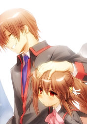 Rule 34 | 1boy, 1girl, bell, blush, brown hair, grin, hair bell, hair ornament, hand on another&#039;s head, headpat, little busters!, long hair, natsume kyousuke, natsume rin, ponytail, pout, red eyes, ribbon, school uniform, short hair, smile, zen