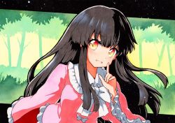 Rule 34 | 1girl, black hair, blunt bangs, bow, bowtie, collared shirt, green background, hime cut, houraisan kaguya, japanese clothes, long hair, long sleeves, pink shirt, qqqrinkappp, shirt, sleeves past wrists, solo, touhou, traditional media, very long hair, white bow, white bowtie, wide sleeves