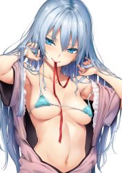 Rule 34 | 1girl, arms up, bare shoulders, bikini, bikini top only, bikini under clothes, blue bikini, blue eyes, breasts, collarbone, colored eyelashes, comic kairakuten, hair between eyes, hair over shoulder, highres, lips, long hair, looking at viewer, michiking, micro bikini, mouth hold, naughty face, navel, non-web source, o-ring, o-ring bikini, off shoulder, open clothes, open shirt, ribbon, ribbon in mouth, shirt, silver hair, simple background, small breasts, smile, solo, strap slip, sweat, swimsuit, underboob, white background