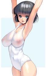 Rule 34 | 1girl, armpits, arms up, black hair, blue eyes, blunt bangs, breasts, covered erect nipples, covered navel, cowboy shot, crotch seam, highres, kouno (masao), large breasts, looking at viewer, one-piece swimsuit, open mouth, original, photoshop (medium), revision, school swimsuit, see-through, short hair, simple background, solo, swimsuit, two-tone background, white background, white one-piece swimsuit, white school swimsuit