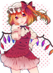 Rule 34 | + +, 1girl, adapted costume, ascot, blonde hair, contrapposto, fingernails, flandre scarlet, hand on own hip, hat, hat ribbon, mob cap, open mouth, outline, pointing, pointing at viewer, polka dot, polka dot background, red eyes, renka (sutegoma25), ribbon, shadow, short hair, short sleeves, side ponytail, simple background, skirt, skirt set, solo, standing, touhou, white hat, wings, wrist cuffs