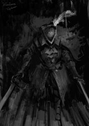 Rule 34 | 1other, ambiguous gender, artist name, ascot, bloodborne, boots, copyright name, dual wielding, from above, gem, gloves, hat, hat feather, highres, holding, holding sword, holding weapon, hunter (bloodborne), monochrome, solo, standing, sword, tricorne, tripdancer, weapon