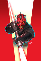 Rule 34 | 1boy, black gloves, black robe, colored skin, commentary, darth maul, dated, david nakayama, double bladed lightsaber, english commentary, gloves, holding, holding lightsaber, holding weapon, horns, initial, lightsaber, looking at viewer, open mouth, red lightsaber, red skin, robe, sith, solo, star wars, teeth, watermark, weapon, yellow eyes, zabrak