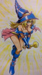Rule 34 | 1girl, artist request, bare shoulders, blonde hair, breasts, dark magician girl, duel monster, female focus, hat, large breasts, long hair, looking at viewer, magical girl, photo (medium), shiny skin, smile, solo, traditional media, wizard hat, yu-gi-oh!, yu-gi-oh! duel monsters