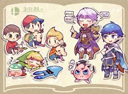 Rule 34 | 6+boys, angry, animal crossing, armor, blonde hair, blue eyes, blue hair, book, cape, chibi, chrom (fire emblem), closed eyes, creatures (company), doseisan, fire emblem, fire emblem awakening, game freak, gen 1 pokemon, gloves, hat, inkling, inkling player character, jewelry, jigglypuff, kirby, kirby (series), link, lucas (mother 3), male focus, mother (game), mother 2, mother 3, multiple boys, ness (mother 2), nintendo, open mouth, pokemon, pokemon (creature), robe, robin (fire emblem), robin (male) (fire emblem), short hair, simple background, sleeping, splatoon (series), squid, stick, super smash bros., teijiro, the legend of zelda, the legend of zelda: the wind waker, tiara, toon link, villager (animal crossing)