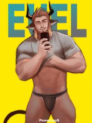 Rule 34 | 1boy, animal ears, arknights, bara, beard, black male underwear, bulge, clothes lift, cow boy, cow ears, cow horns, cowboy shot, eurill pides (arknights), facial hair, highres, horns, jockstrap, large pectorals, lifted by self, looking at viewer, male focus, male underwear, muscular, muscular male, navel, pectorals, powerlesssong, shirt, shirt lift, short hair, sidelocks, sketch, smile, solo, stomach, thick thighs, thighs, underwear, undressing, white shirt