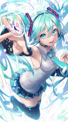 1girl, :d, absurdres, aqua eyes, aqua hair, aqua nails, aqua neckwear, arm up, armpits, artist name, black footwear, black skirt, blurry, blurry foreground, blush, boots, breasts, collared shirt, depth of field, detached sleeves, full body, grey shirt, hatsune miku, headset, highres, iria (yumeirokingyo), long hair, long sleeves, looking at viewer, miniskirt, nail polish, number, open mouth, pleated skirt, shirt, sideboob, signature, skirt, small breasts, smile, solo, thigh boots, thighhighs, twintails, very long hair, vocaloid