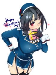 Rule 34 | 1girl, beret, black gloves, black hair, black thighhighs, blue hat, box, breasts, commentary request, garter straps, gift, gloves, hat, kantai collection, large breasts, leaning forward, looking at viewer, military, military uniform, miniskirt, one eye closed, red eyes, short hair, skirt, solo, takao (kancolle), thighhighs, udukikosuke, uniform, valentine