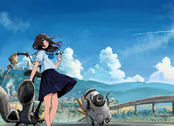 Rule 34 | 1girl, black hair, black skirt, blue eyes, bottle, cityscape, cliff, cloud, cloudy sky, contrail, contrapposto, grass, highres, hill, holding, holding bottle, kazuharu kina, leaning on object, long hair, motor vehicle, motorcycle, original, pleated skirt, railing, road, road sign, robot, school uniform, scooter, serafuku, shirt, sign, skirt, sky, smile, water bottle, white shirt, wide sleeves