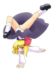 Rule 34 | 1girl, bad id, bad pixiv id, blonde hair, embodiment of scarlet devil, female focus, hair ribbon, handstand, ogihara mach, one arm handstand, panties, red eyes, ribbon, rumia, short hair, simple background, solo, touhou, underwear, upside-down, white background
